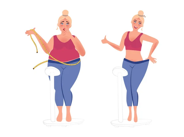 Chica Gorda Delgada Balanza Tratamiento Obesidad Resultados Corporales Antes Después — Vector de stock