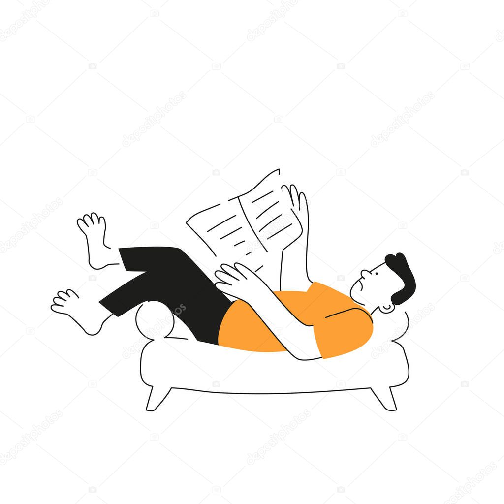A man is lying on the sofa and reading a newspaper. Sedentary lifestyle, press news, leisure activities. A person's lifestyle. Simple vector drawing