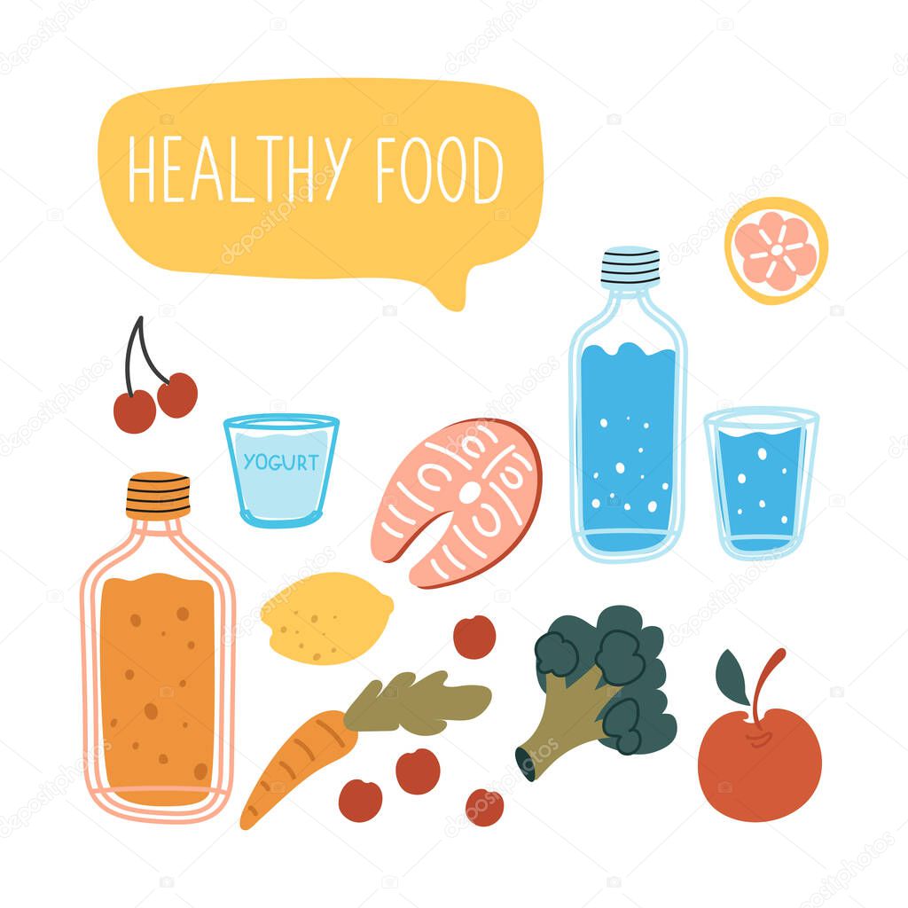 Healthy and beautiful foods for a healthy lifestyle. The concept of health care. Cute modern food vector illustration