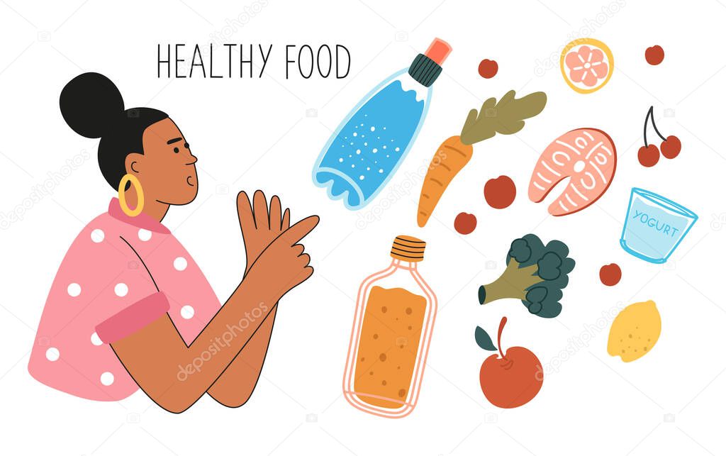 A woman considers healthy food. The concept of taking care of your health and life. Online food delivery. Vector illustration