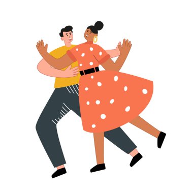 Gençler bir müzik okulunda çiftler halinde dans ediyorlar. Modern dans eğitimi. Dans eden insanların şirin vektör çizimi