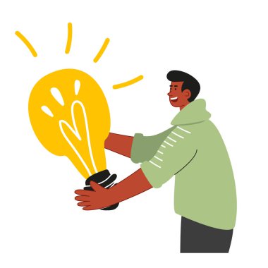 A young scientist holds a huge glowing light bulb in his hands, as a symbol of an idea. Startup and investment. Marketing strategy, brainstorming, success. Vector illustrations of people clipart