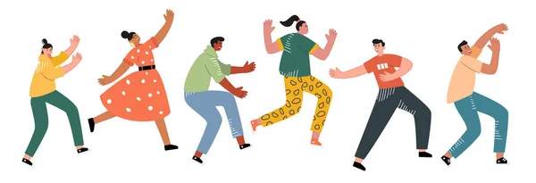 Farklı pozlardaki komik dansçılar dans partisinden hoşlanırlar. Bir müzik festivalinde gülümseyen genç erkekler ve kadınlar. Şirin vektör illüstrasyonu