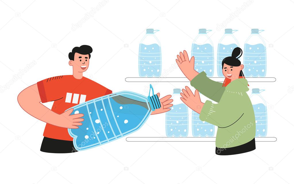 The guy is holding a large water bottle. Water delivery. The concept of safe clean drinking water for health and global concern for the environment. Vector illustration