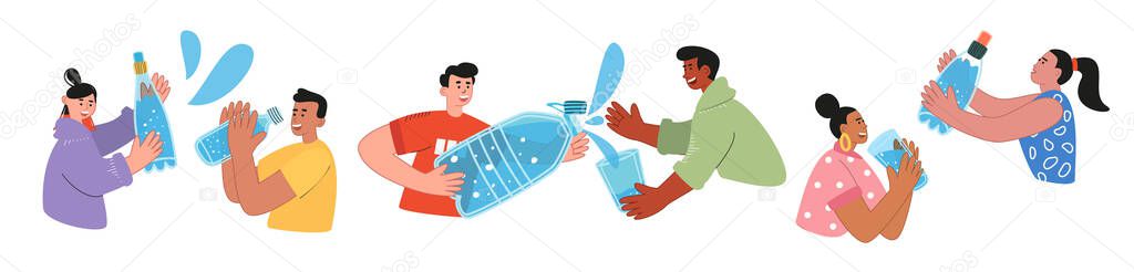 People of different Nations drink water. World water day. The concept of safe clean drinking water for health and global concern for the environment. Vector illustration