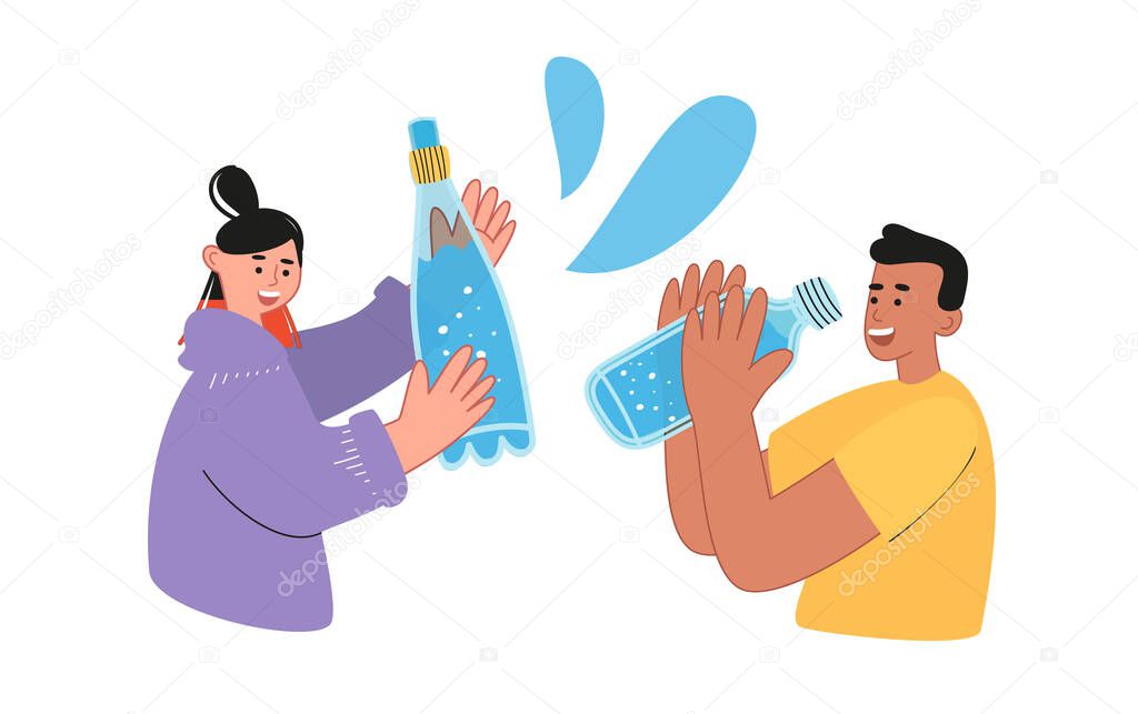 A girl and a guy hold water bottles. World water day. Clean drinking water for health and the global concerns about the environment. A spray of water. Vector illustration