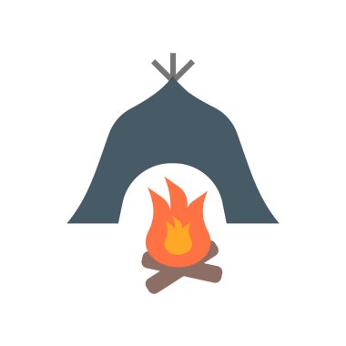 Kamp ateşi simge vektör işareti ve üzerinde beyaz adam izole sembolü