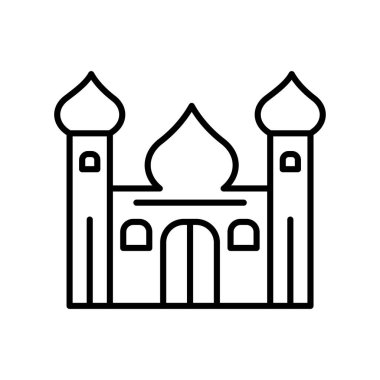 Beyaz arka plan, İslam Camii şeffaf işareti, ince bir çizgi üzerinde tasarım öğeleri anahat tarzı izole İslam Camii simge vektör