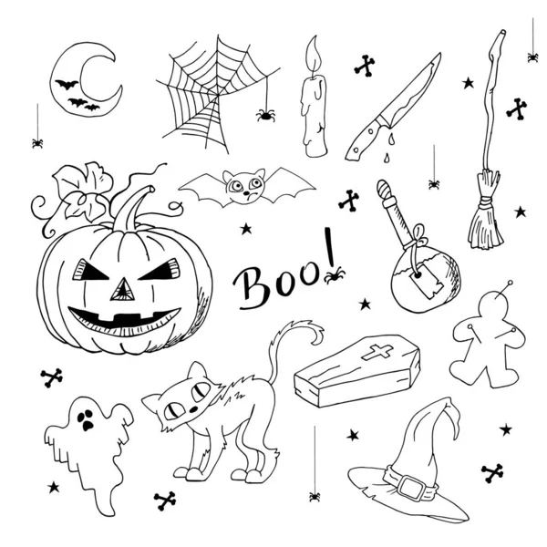 Lindo conjunto dibujado a mano de elementos de Halloween . — Archivo Imágenes Vectoriales