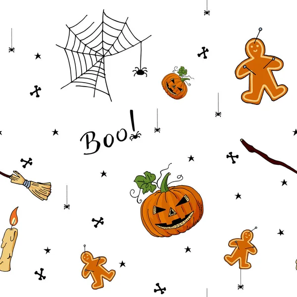Schattig met de hand getekend patroon van Halloween elementen. — Stockvector