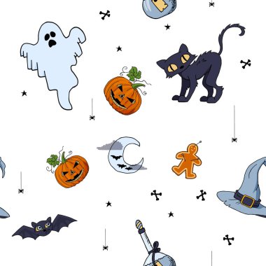 Cadılar Bayramı elementlerinin şirin el çizimleri.