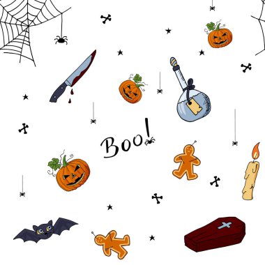 Cadılar Bayramı elementlerinin şirin el çizimleri.