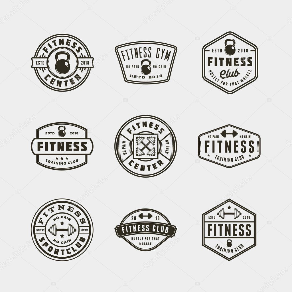 Set of vintage fitness gym logos. retro styled sport emblems, badges, design elements, logotype templates. vector illustration