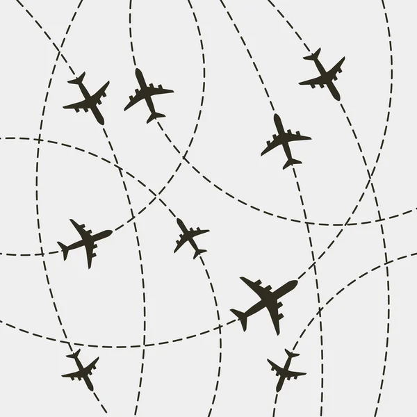 Avião com linhas de caminho tracejadas. rota de voo do avião — Vetor de Stock