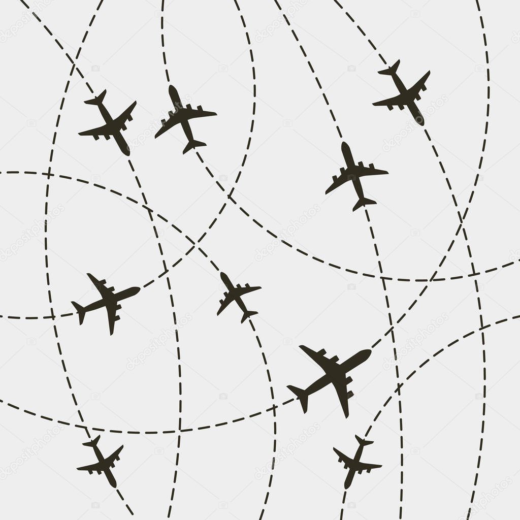 plane with dashed path lines. airplane flight route