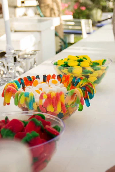 Multicolored Jelly Sweets Form Strawberry Pineapple Worms Lie Vases Bar — Stock Photo, Image