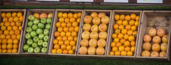 Naranjas Frutas Manzanas Verdes Pomelos Están Dispuestos Cajones Filas —  Fotos de Stock