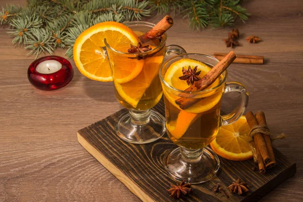 Two Glasses Delicious Fragrant Tea Mulled Wine Orange Spices Wooden — Stock Photo, Image