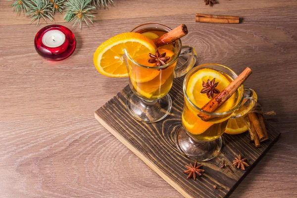 Two Glasses Delicious Fragrant Tea Mulled Wine Orange Spices Wooden — Stock Photo, Image