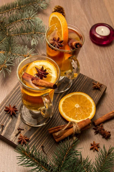 Two Glasses Delicious Fragrant Tea Mulled Wine Orange Spices Wooden — Stock Photo, Image