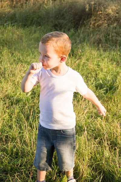 Niño Rubio Jugando Bailando Divirtiéndose Naturaleza Pantalones Cortos Mezclilla Camiseta — Foto de Stock