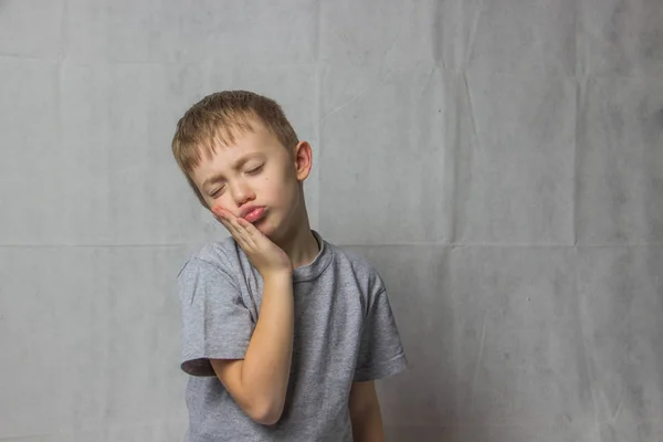 Boy Gray Shirt Holding His Cheek Bad Tooth — Stock Photo, Image