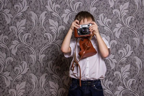 Boy White Shirt Holding Old Camera — Stock Photo, Image