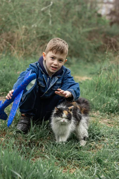 Chico jugando con un gato esponjoso en el parque — Foto de Stock