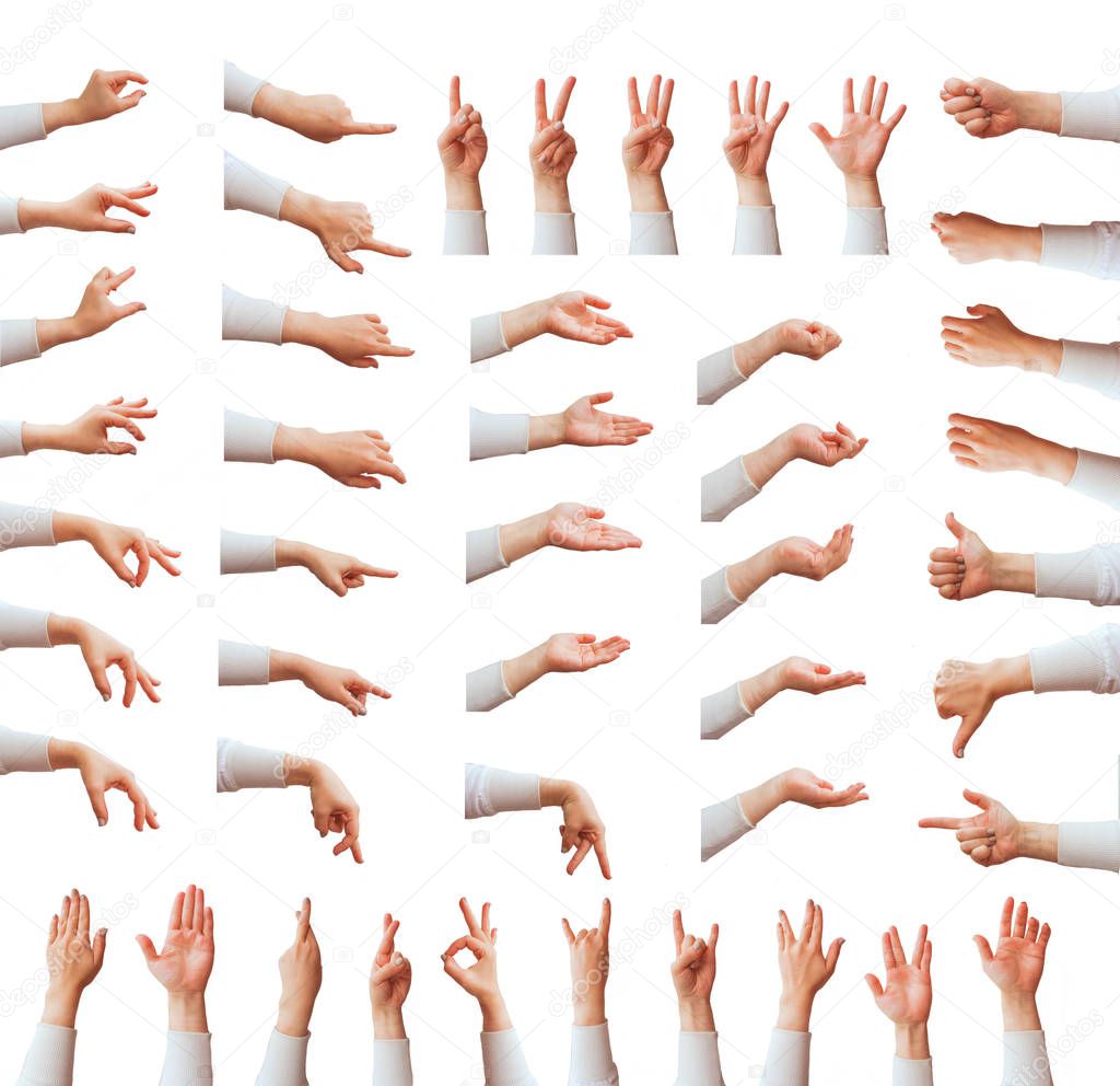 Multiple female caucasian hand gestures isolated over the white background,