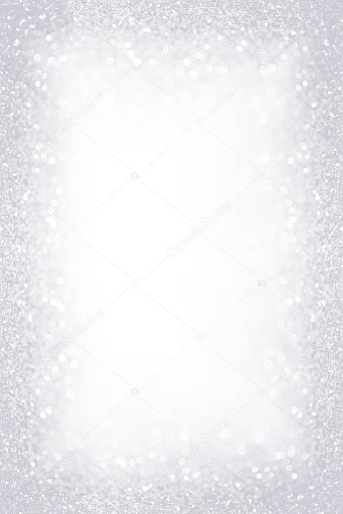 Elegant silver white glitter sparkle confetti background for gray happy birthday party invite, Christmas ice frost border, frosty winter icy snow, diamond jewelry bling or 25 wedding anniversary frame