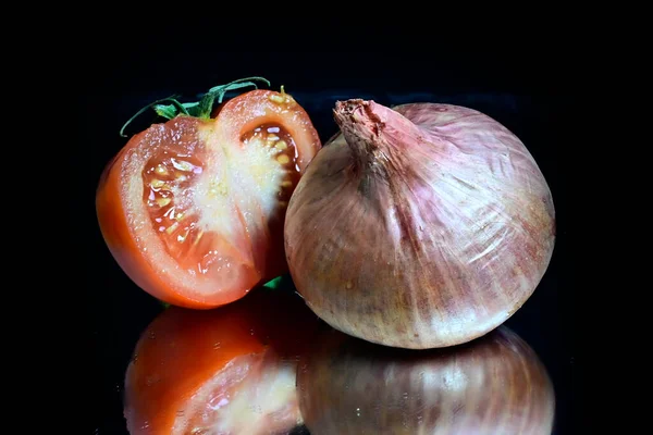 Vista Cerca Frutas Verduras Sobre Fondo Negro — Foto de Stock