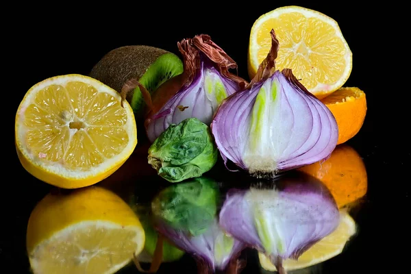 Vista Vicino Frutta Verdura Sfondo Nero — Foto Stock