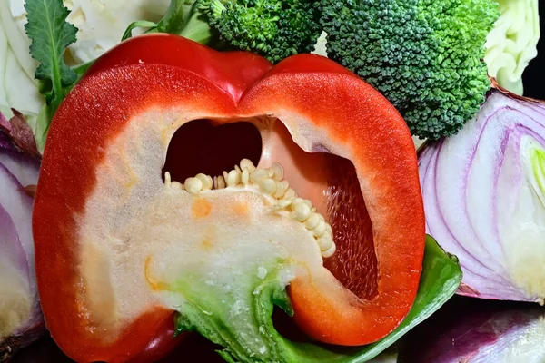 Gros Plan Légumes Frais Brocoli Poivron Chou Oignon — Photo