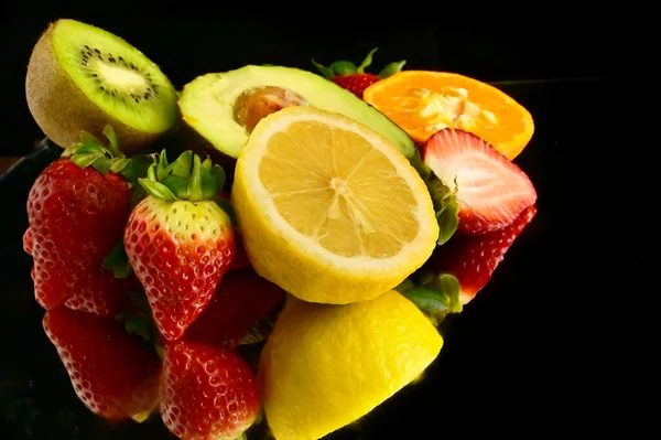 Set Ripe Exotic Tropical Fruits Black Background Healthy Food Concept — Stock Photo, Image