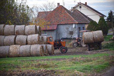 Traktör saman balyalarını bahçeye yüklüyor.