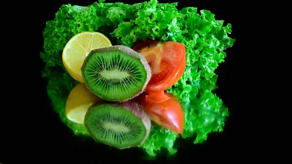 Close Overzicht Van Groenten Fruit Zwarte Achtergrond — Stockfoto