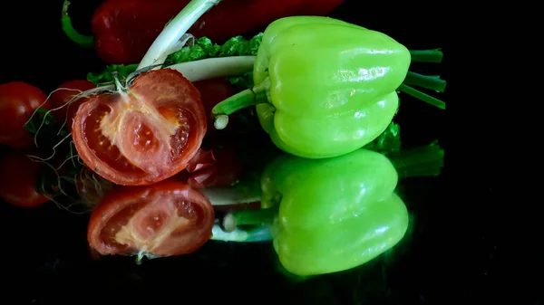 Ensemble Légumes Frais Mûrs Concept Aliments Sains Poivre Tomate Oignon — Photo