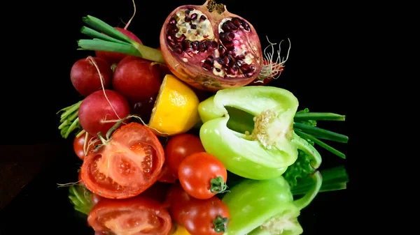 Conjunto Vegetais Frescos Maduros Conceito Comida Saudável Pimenta Tomate Cebola — Fotografia de Stock