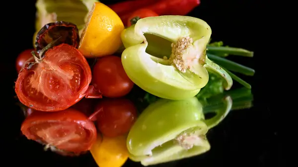 Serie Verdure Mature Fresche Concetto Cibo Sano Pepe Pomodoro Cipolla — Foto Stock