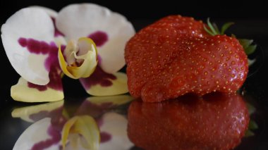 Çilekli güzel orkide çiçeği koyu arkaplanda, yaz konsepti, yakın görüş  