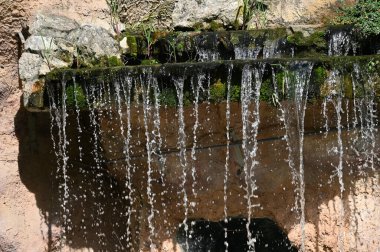 Güneşli yaz gününde şelaleli güzel bahçe manzarası 
