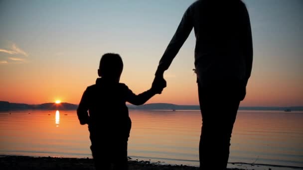 Ta dívka drží ruku chlapci a vede k pobřeží při západu slunce — Stock video