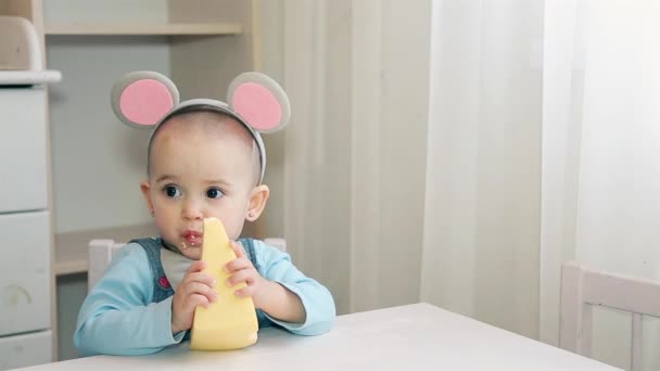 Uma criança pequena em um traje de rato cinza mastiga queijo amarelo com buracos no berçário — Vídeo de Stock