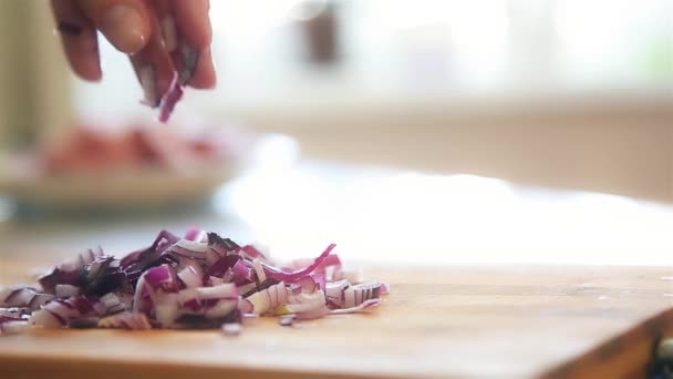 Eine Frau im Dorf der fein geschnittenen roten Zwiebeln auf einem Küchenschneidebrett. — Stockvideo