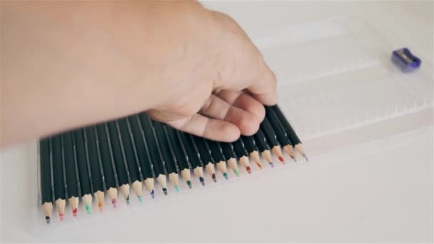 Man lays out colored graphite pencils in pencil case HD — Stock Video