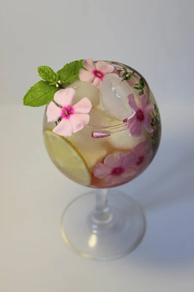 Té de frutas frías decorado con flor y menta — Foto de Stock