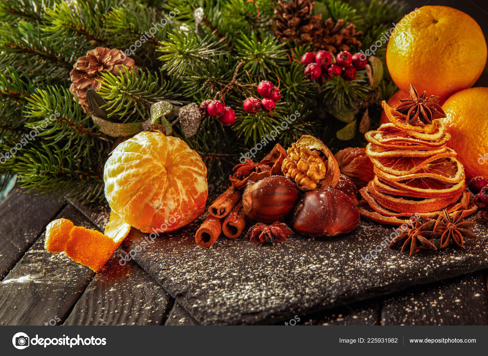 Christmas Table Decorations Fruits Nuts Tangerines Dried Oranges