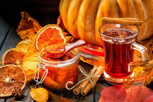 Herbata Dżem Dyni Abrok Tło Jesień — Zdjęcie stockowe