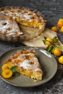 sarı erik mirabelle. Koyu renkli bir arka planda erikli turta. Yaz meyve sezonu.hasat.