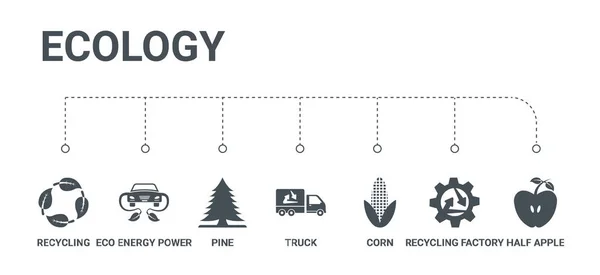 Eenvoudige set van 7 iconen zoals halve appel, recycling fabriek, cor — Stockvector